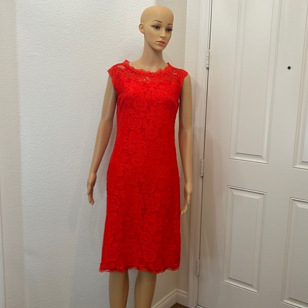 Stanzino Red Dress Size Large Scoop Neck Short Sleeve Sheer Floral Lace Midi